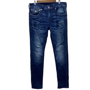 True Religion Rocco Relaxed Skinny Mens 34X33 Blue Indigo Stretch Jeans